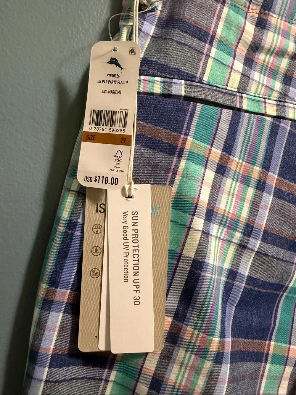 Tommy Bahama On Par Party Plaid 9” Shorts Men’s 29x9 Stretch UPF 30 NEW